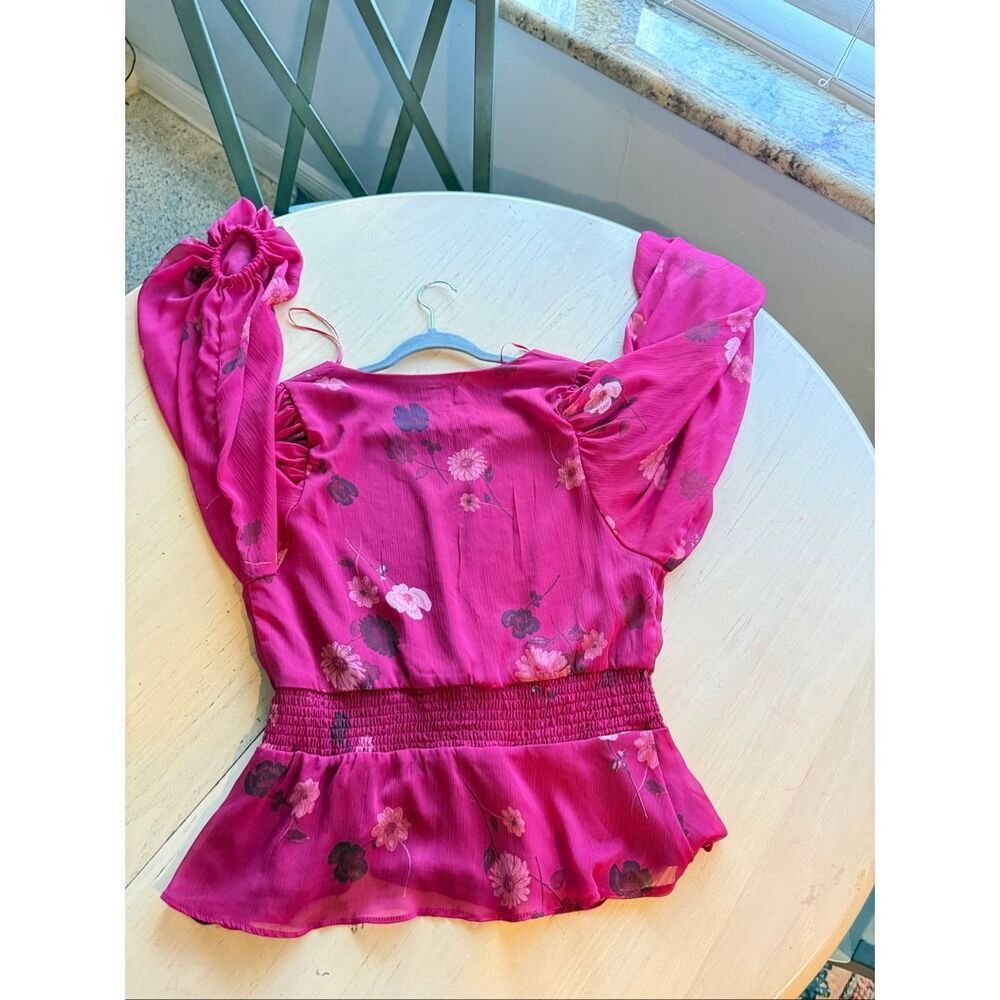 1.STATE Pink Floral Chiffon Peplum Blouse Smocked Waist V-Neck Size M - Picture 11 of 12